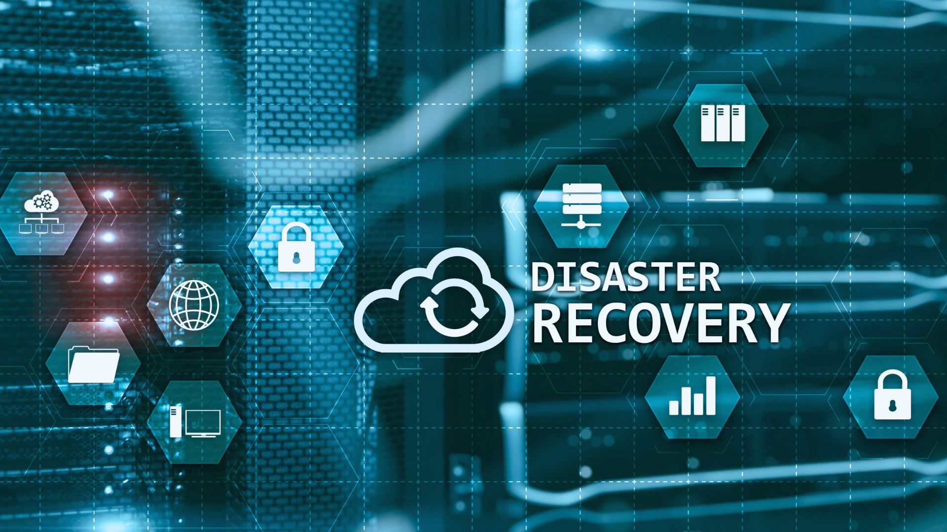 Illustration of disaster recovery concepts with cloud icons, security symbols, and data infrastructure