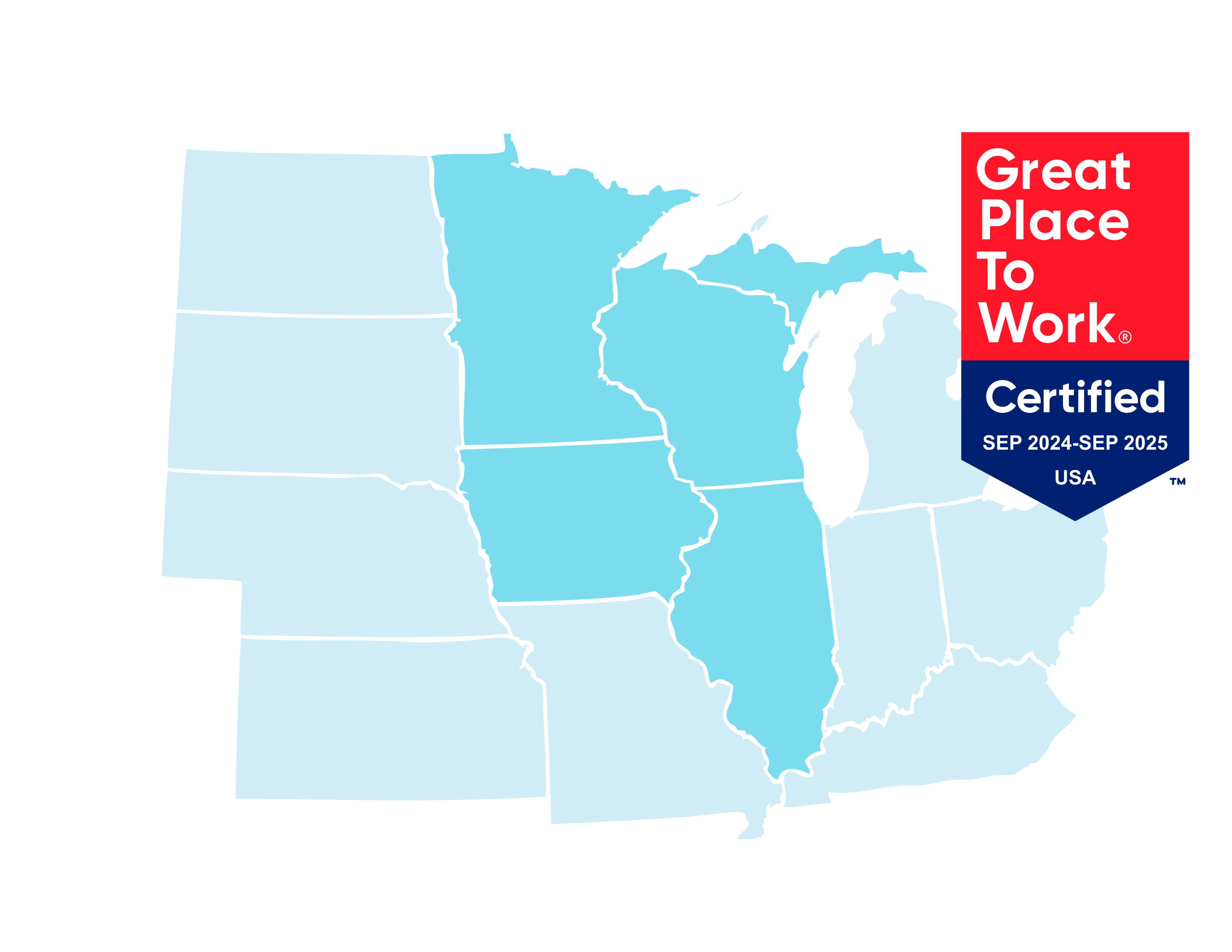 Map of the states where WIN provides Digital Infrastructure services. Includes Wisconsin, Minnesota, Iowa, Illinois and upper Michigan. 